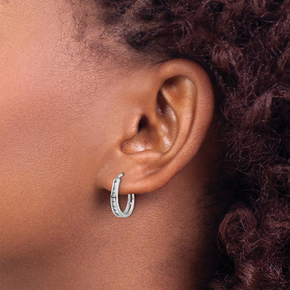 14K White Gold Oval Hinged Hoop Earrings with Round Diamonds - 0.04 Carat Total Diamond Weight by Monteluci Fine Jewelry