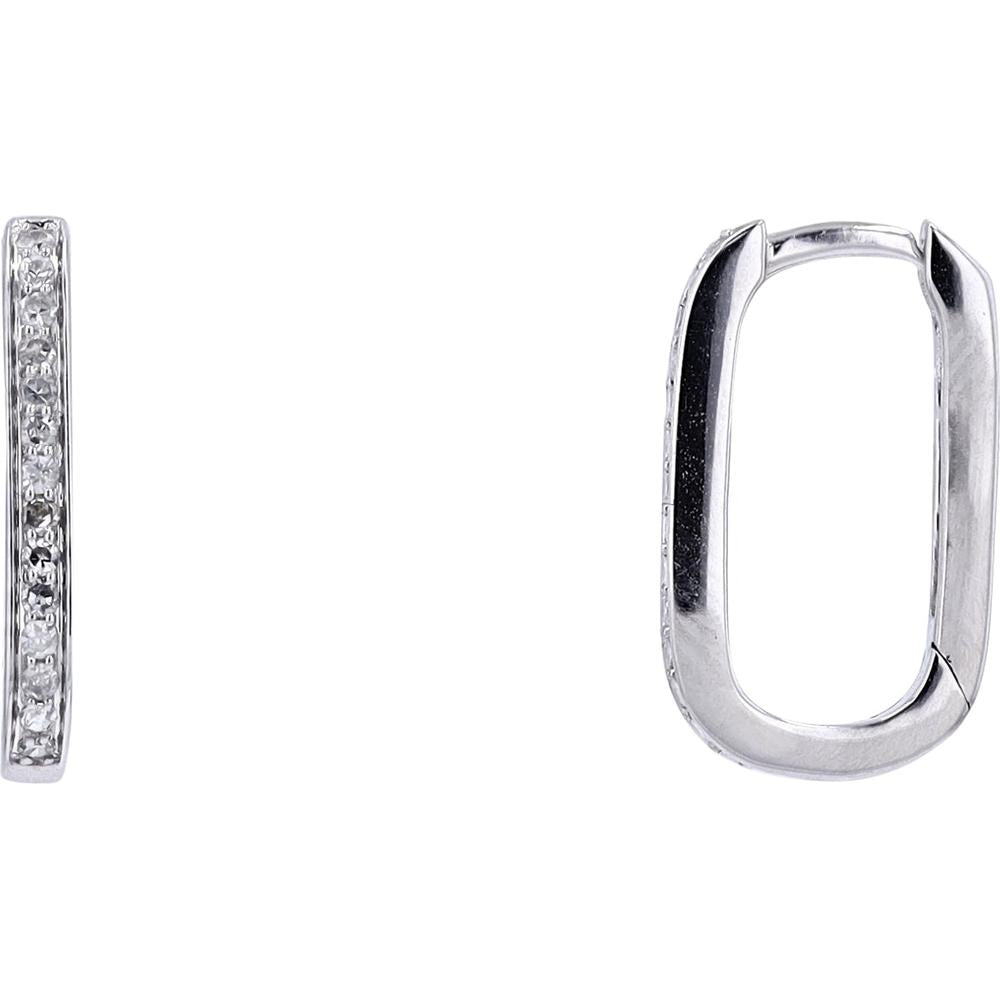 14K White Gold Oval Hoop Earrings with 0.20 Carat Total Diamond Weight