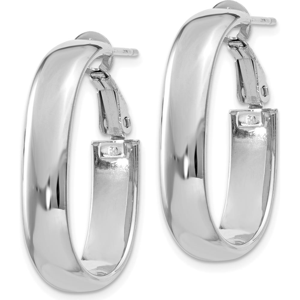 14K White Gold Oval Hoop Earrings with Omega Clip Back - Polished Finish, 27mm Length by Oro Pregiato