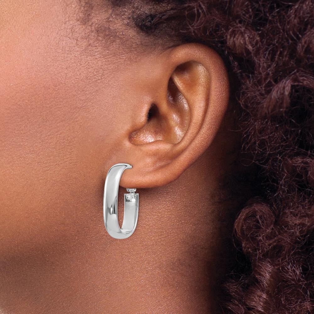 14K White Gold Oval Hoop Earrings with Omega Clip Back - Polished Finish, 27mm Length by Oro Pregiato