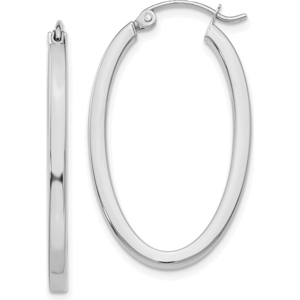 14K White Gold Oval Hoop Earrings with Polished Finish - 30mm Length by 0