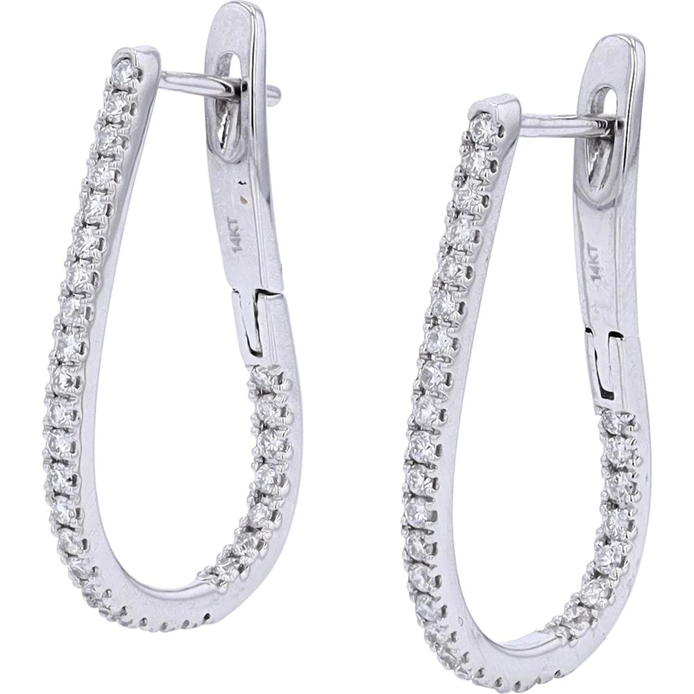14K White Gold Oval Hoop Earrings with Prong-Set Round Diamonds - 0.50 Carats Total Diamond Weight