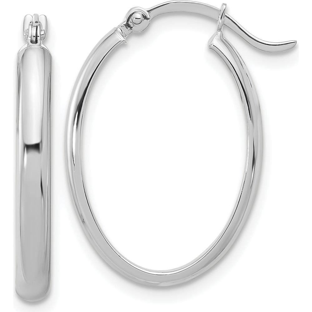 14K White Gold Oval Hoop Earrings with Rhodium Plating - 14mm Length by Monteluci Fine Jewelry