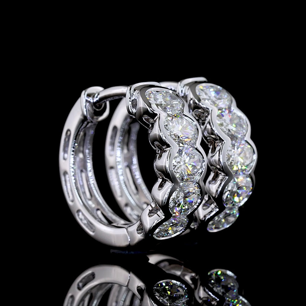 14K White Gold Oval Huggie Earrings with Half-Bezel Set Lab-Grown Diamonds - 1.11 Carats Total Diamond Weight - Covaloro Fine Jewelry