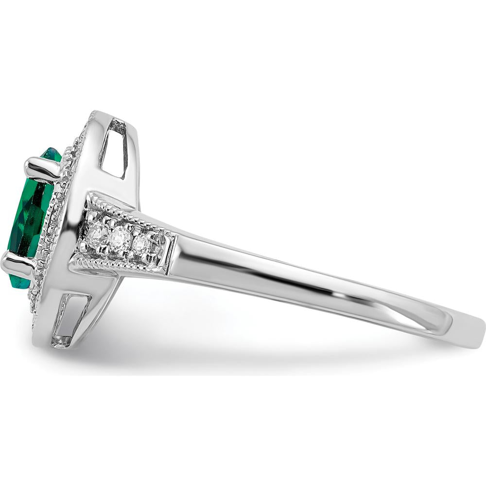 14K White Gold Oval Lab-Created Emerald and Diamond Halo Ring - 0.685 Carat Emerald Weight by 0