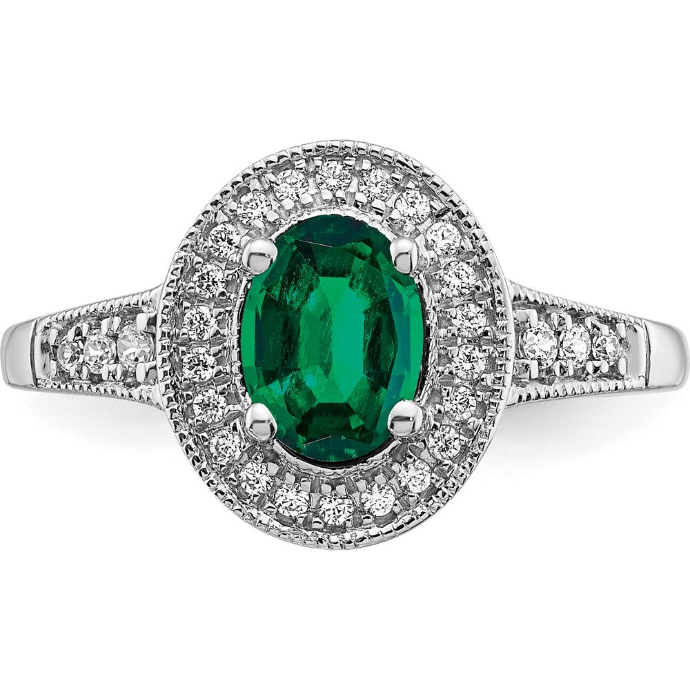 14K White Gold Oval Lab-Created Emerald and Diamond Halo Ring - 0.685 Carat Emerald Weight by 0