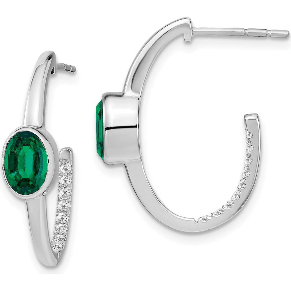 14K White Gold Oval Lab-Created Emerald and Diamond J-Hoop Earrings - 1.08 Carat Total Emerald Weight by Monteluci Fine Jewelry