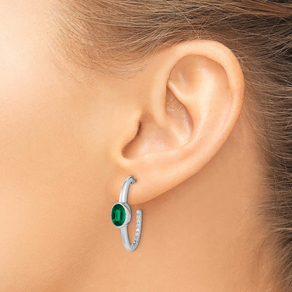14K White Gold Oval Lab-Created Emerald and Diamond J-Hoop Earrings - 1.08 Carat Total Emerald Weight by Monteluci Fine Jewelry