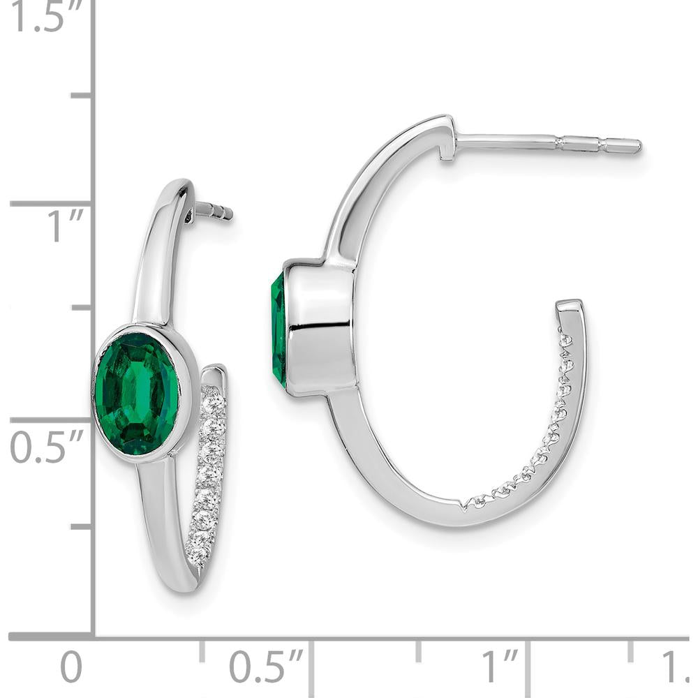14K White Gold Oval Lab-Created Emerald and Diamond J-Hoop Earrings - 1.08 Carat Total Emerald Weight by Monteluci Fine Jewelry