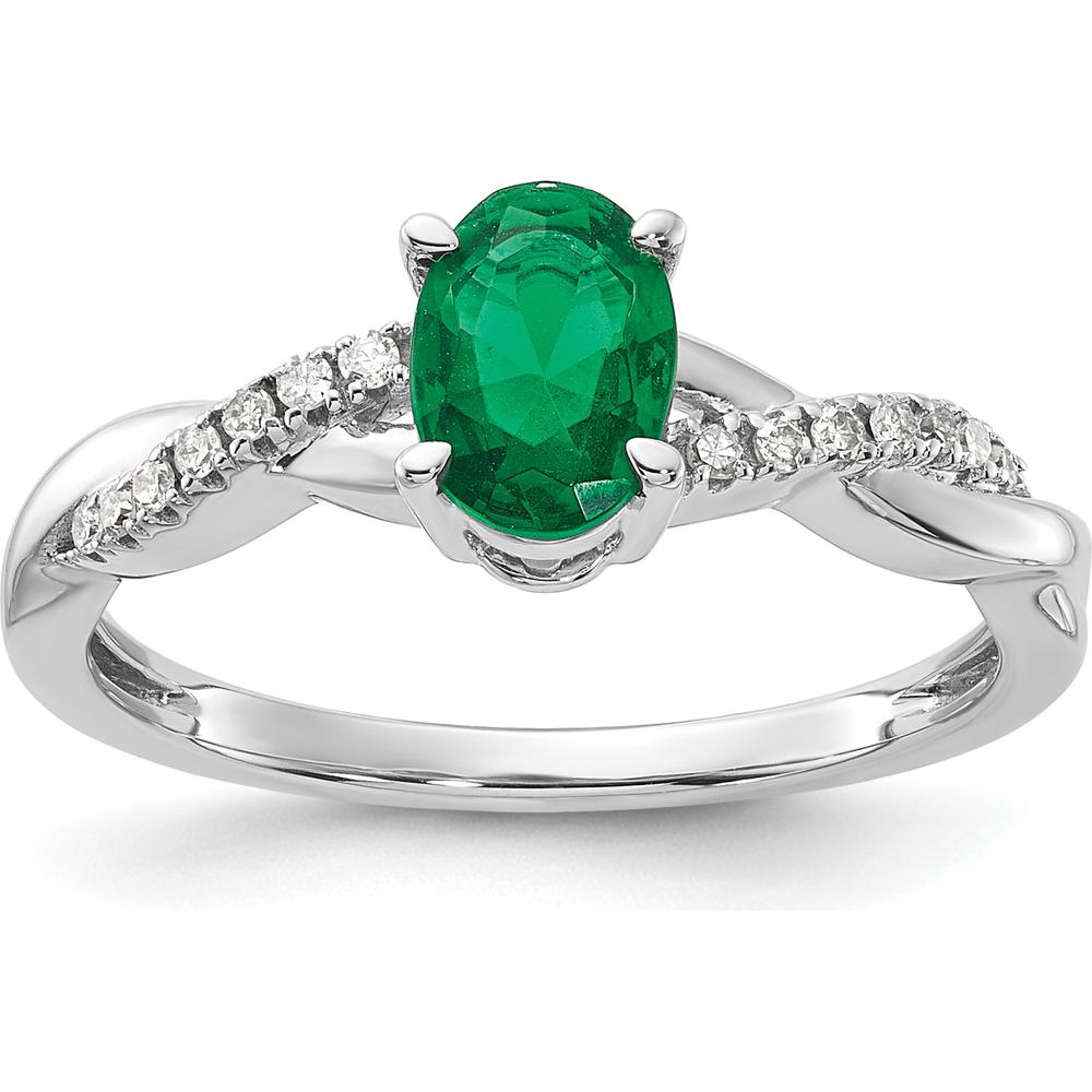 14K White Gold Oval Lab Created Emerald and Round Diamond Ring - 0.084 Carat Total Diamond Weight by 0