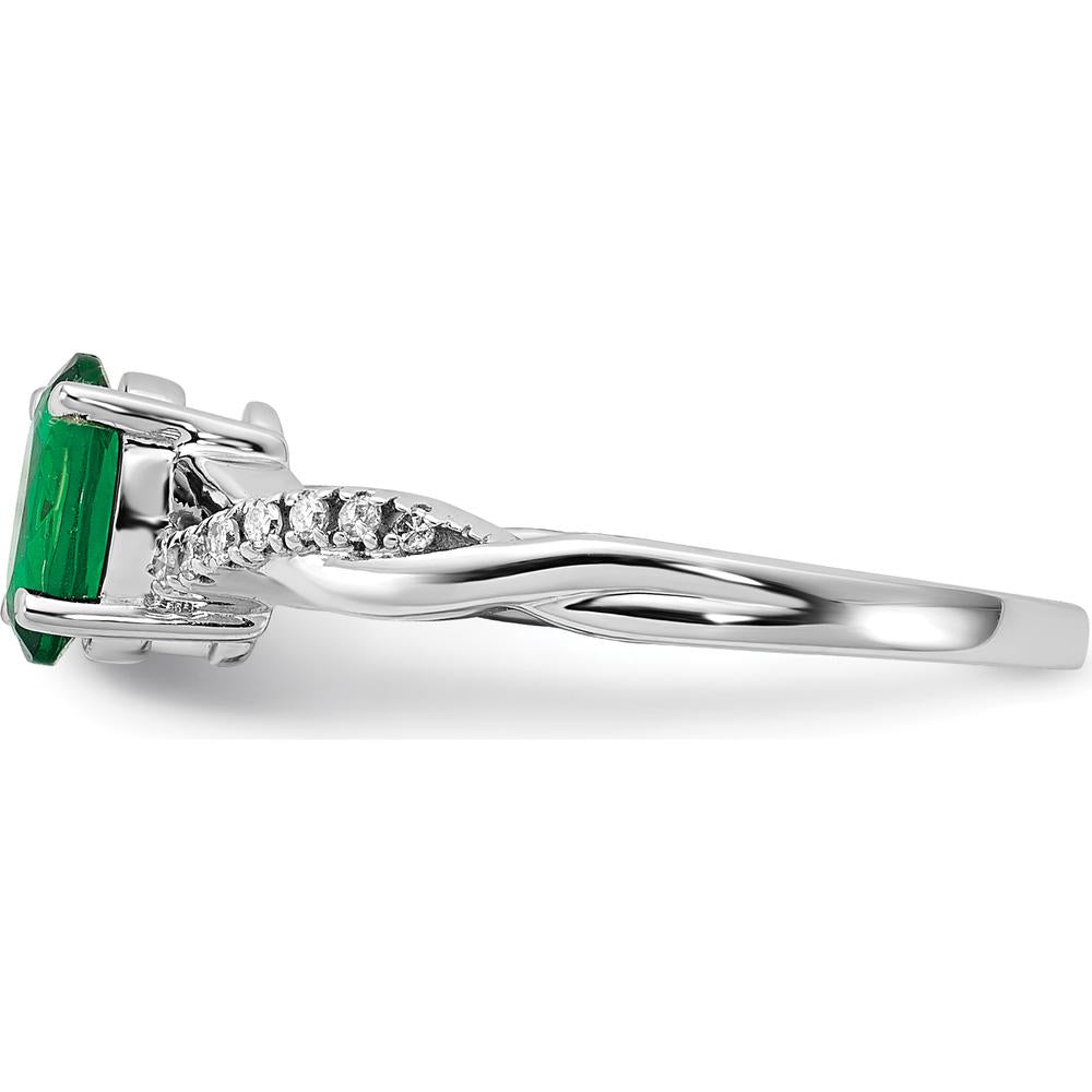 14K White Gold Oval Lab Created Emerald and Round Diamond Ring - 0.084 Carat Total Diamond Weight by 0