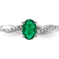 14K White Gold Oval Lab Created Emerald and Round Diamond Ring - 0.084 Carat Total Diamond Weight by 0