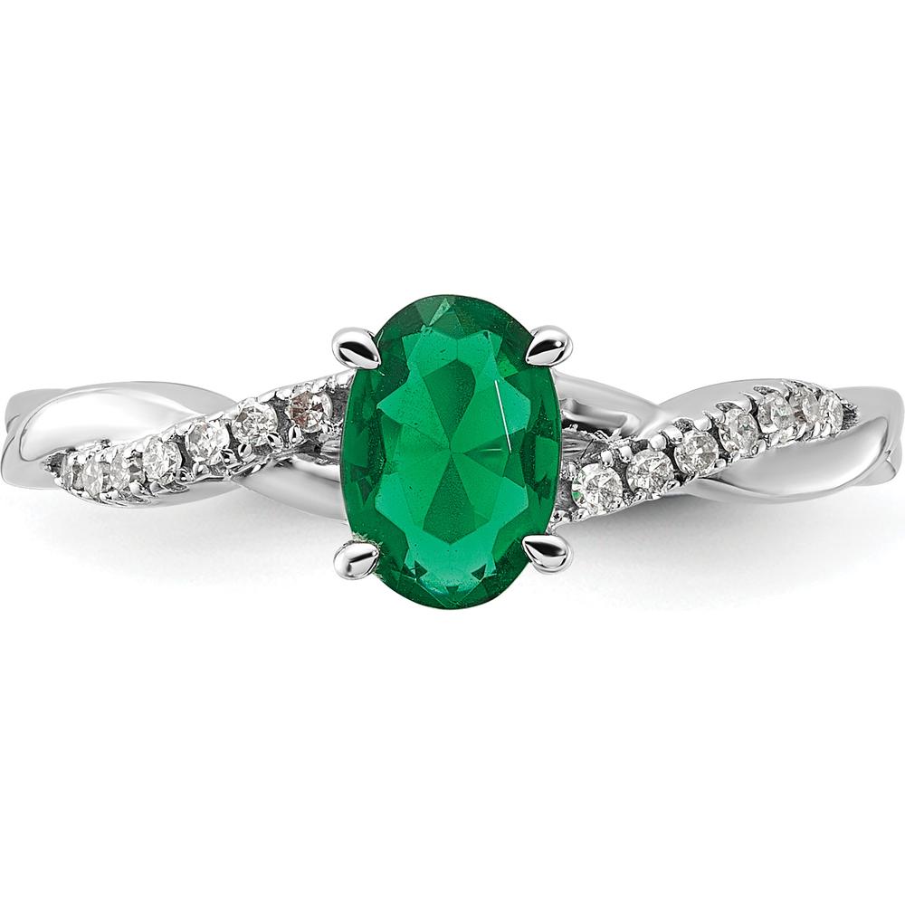14K White Gold Oval Lab Created Emerald and Round Diamond Ring - 0.084 Carat Total Diamond Weight by 0