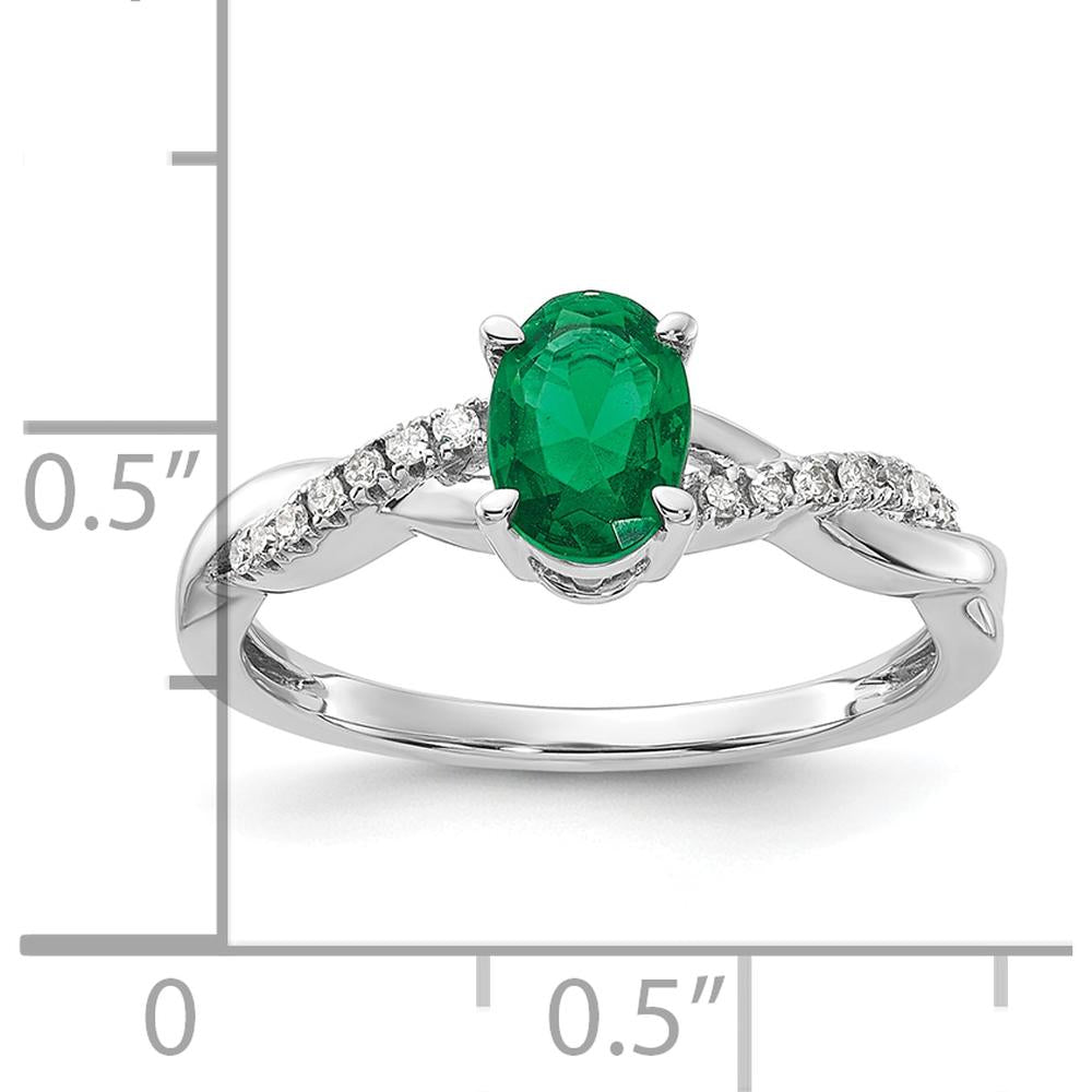 14K White Gold Oval Lab Created Emerald and Round Diamond Ring - 0.084 Carat Total Diamond Weight by 0