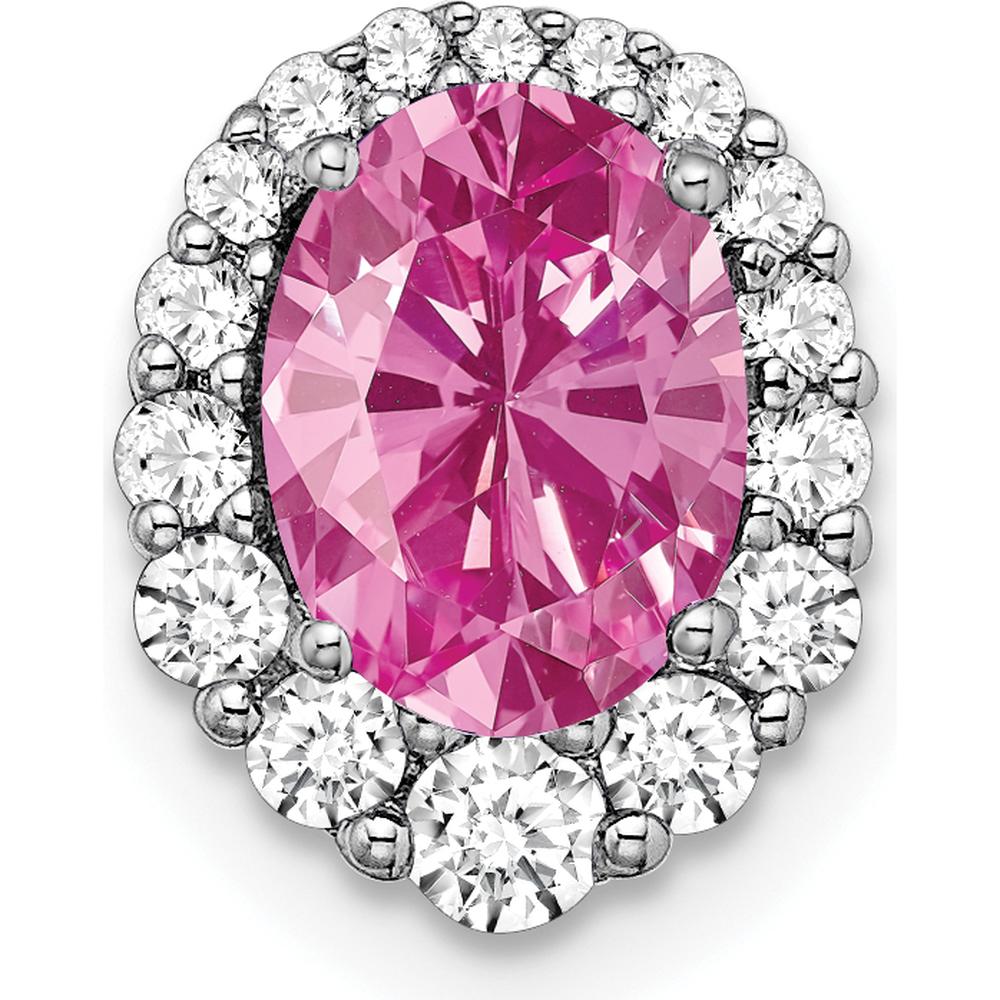 14K White Gold Oval Lab Created Pink Sapphire and Diamond Halo Chain Slide - 1.55 Carat Pink Sapphire, 0.23 Carat Total Diamond Weight by Lumare Gioia