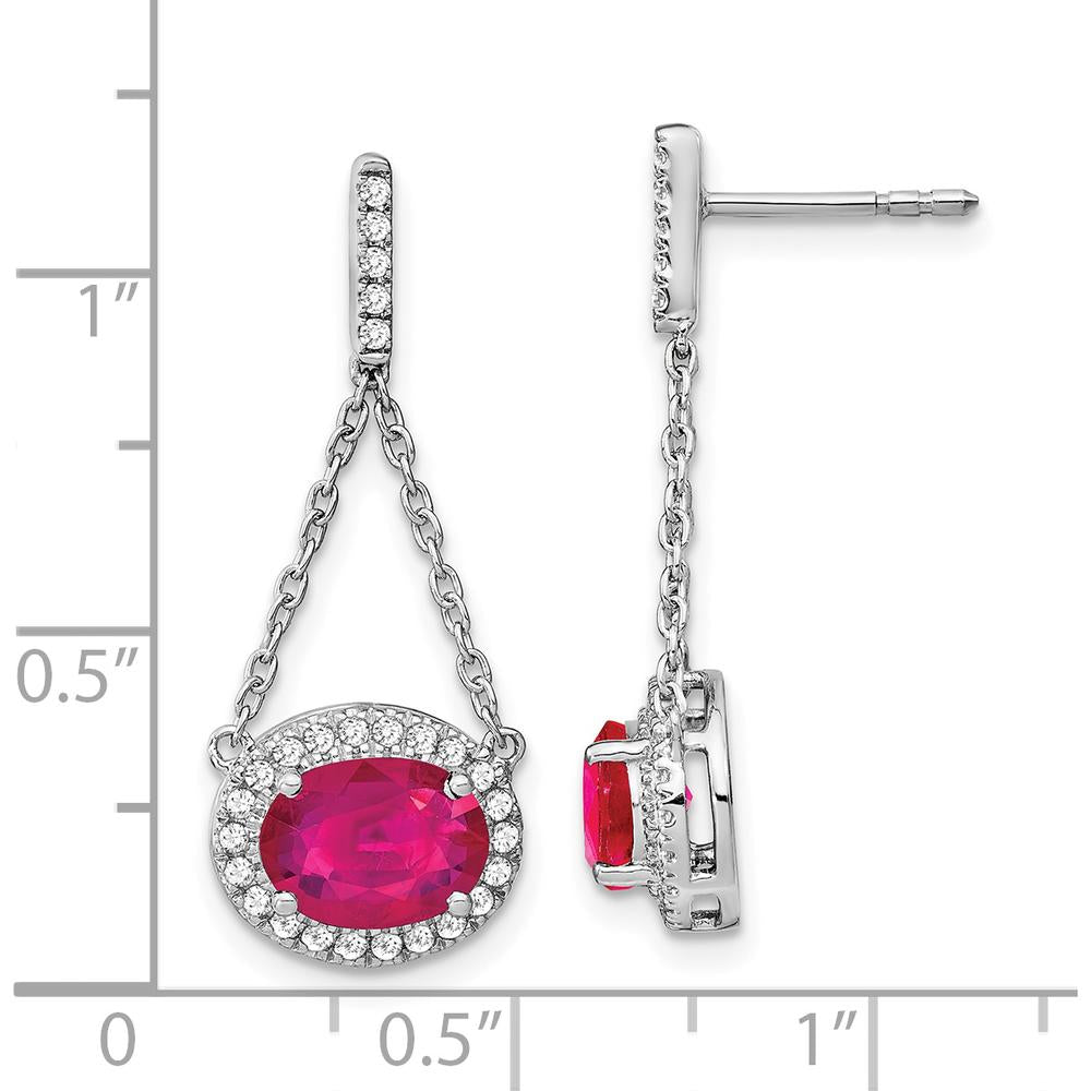 14K White Gold Oval Lab Created Ruby and Diamond Dangle Earrings - 1.55 Carat Total Gem Weight by Monteluci Fine Jewelry