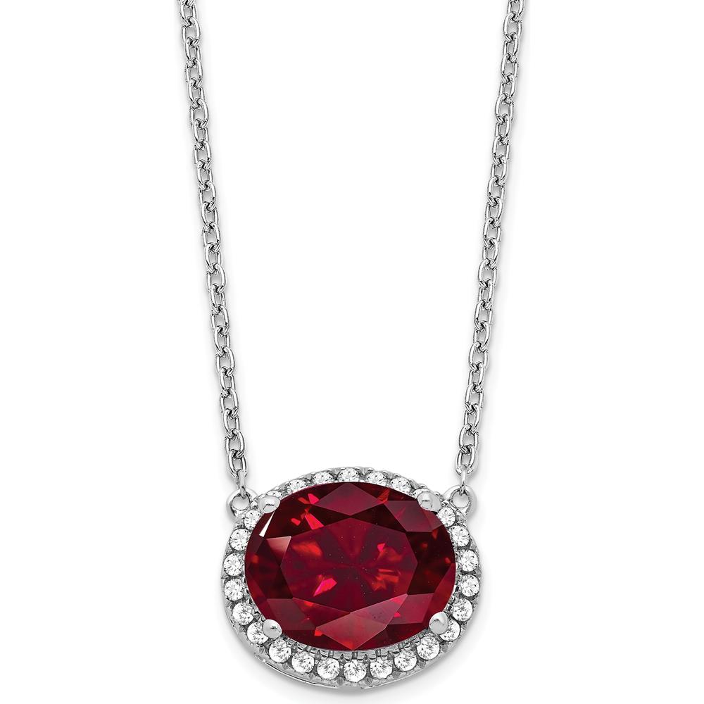 14K White Gold Oval Lab Created Ruby and Diamond Halo Necklace - 3.15 Carat Ruby, 0.006 Carat Diamond by Lumare Gioia