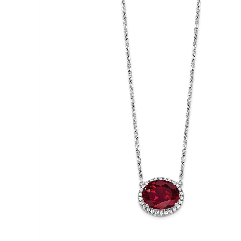 14K White Gold Oval Lab Created Ruby and Diamond Halo Necklace - 3.15 Carat Ruby, 0.006 Carat Diamond by Lumare Gioia