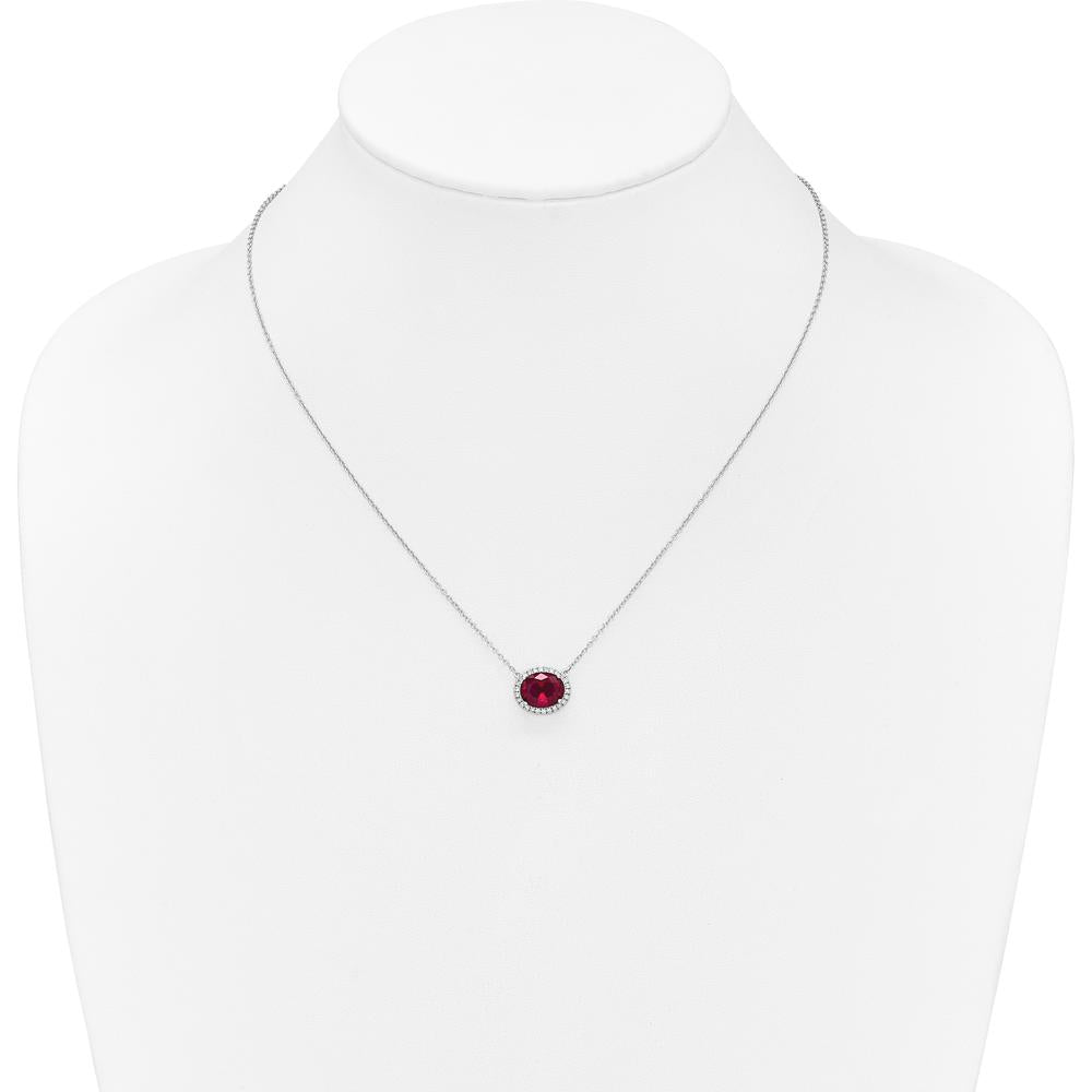14K White Gold Oval Lab Created Ruby and Diamond Halo Necklace - 3.15 Carat Ruby, 0.006 Carat Diamond by Lumare Gioia