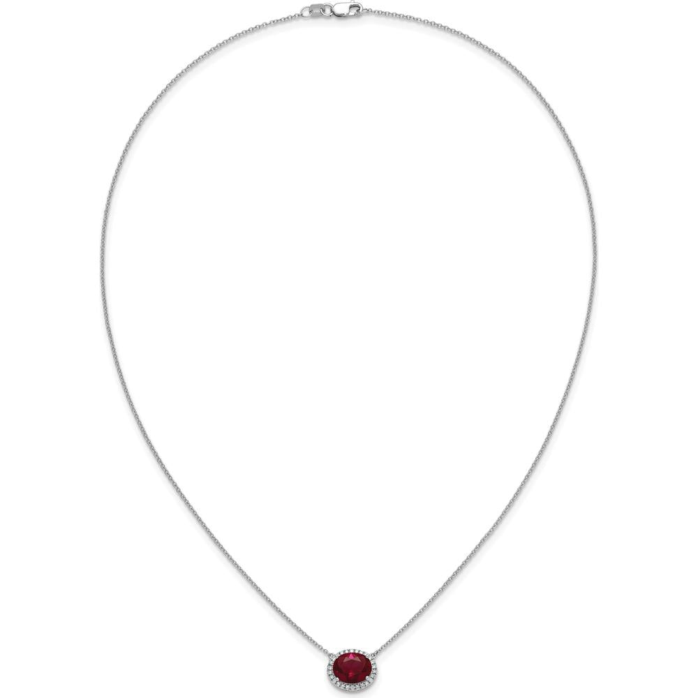 14K White Gold Oval Lab Created Ruby and Diamond Halo Necklace - 3.15 Carat Ruby, 0.006 Carat Diamond by Lumare Gioia