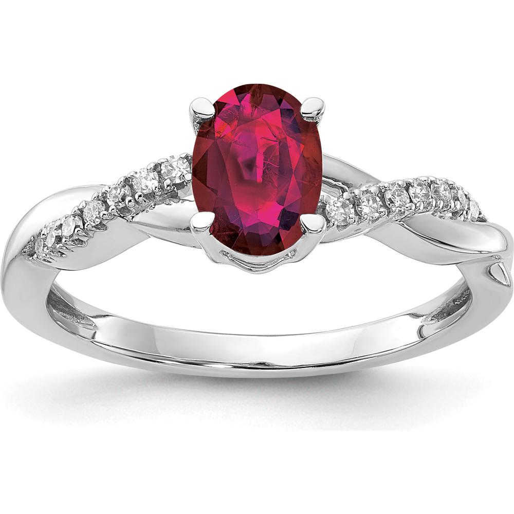 14K White Gold Oval Lab Created Ruby and Diamond Ring with Round Diamonds - 0.08 Carat Total Diamond Weight by 0