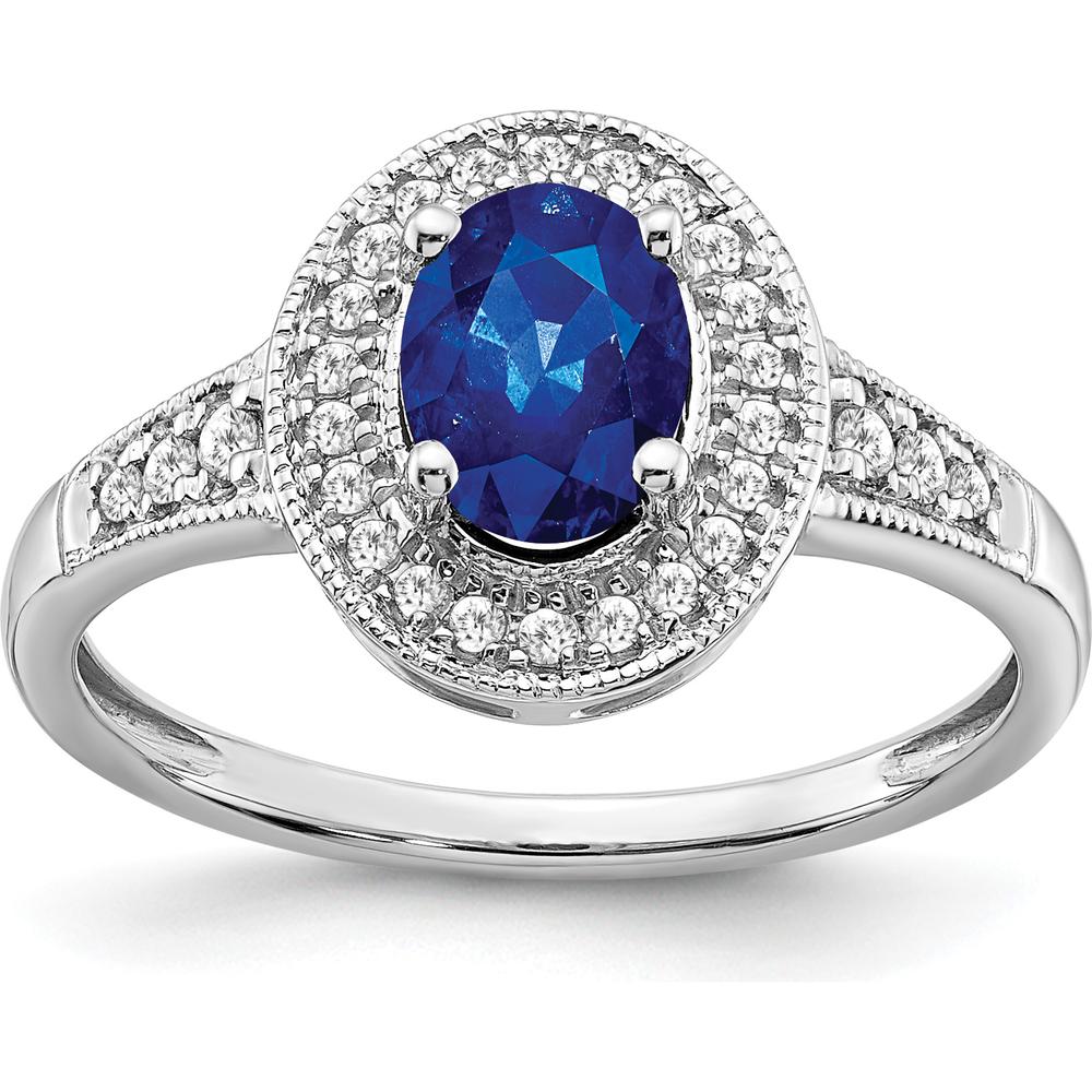 14K White Gold Oval Lab Created Sapphire and Diamond Halo Ring - 0.685 Carat Sapphire, 0.034 Carat Total Diamond Weight by 0