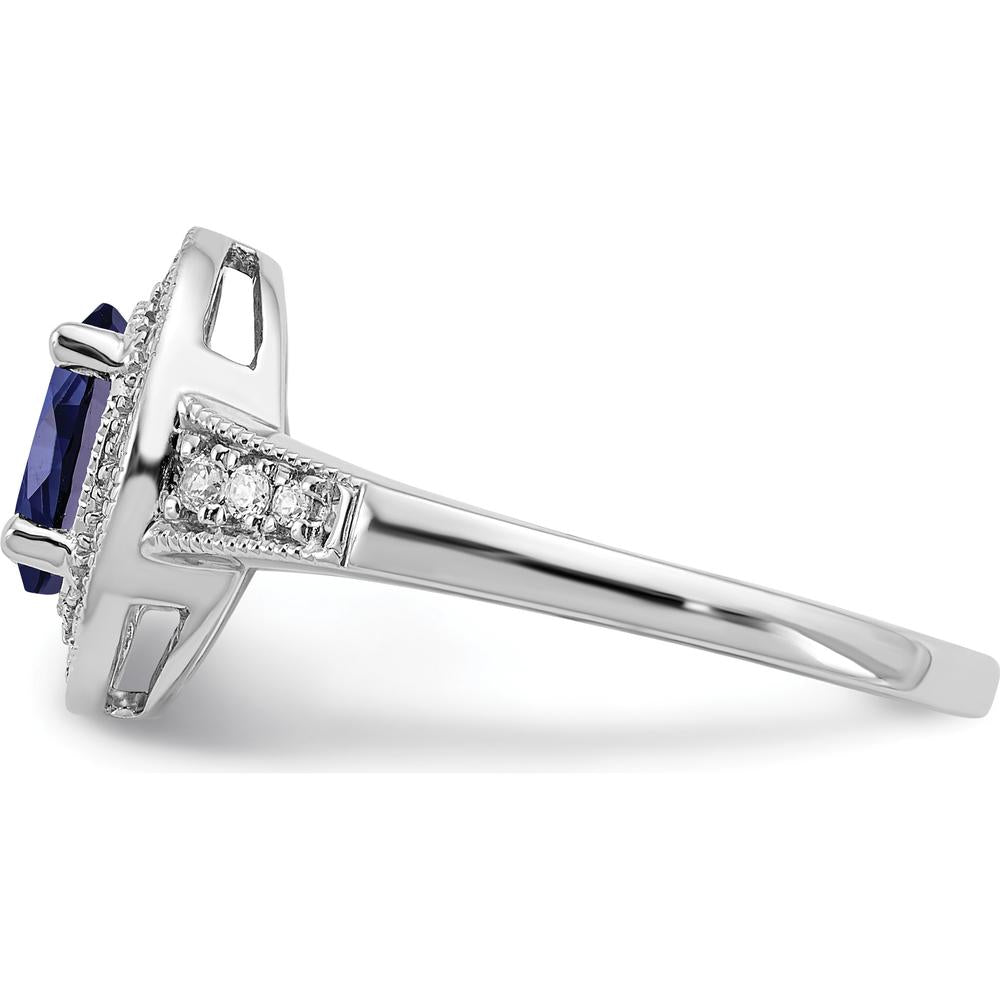 14K White Gold Oval Lab Created Sapphire and Diamond Halo Ring - 0.685 Carat Sapphire, 0.034 Carat Total Diamond Weight by 0