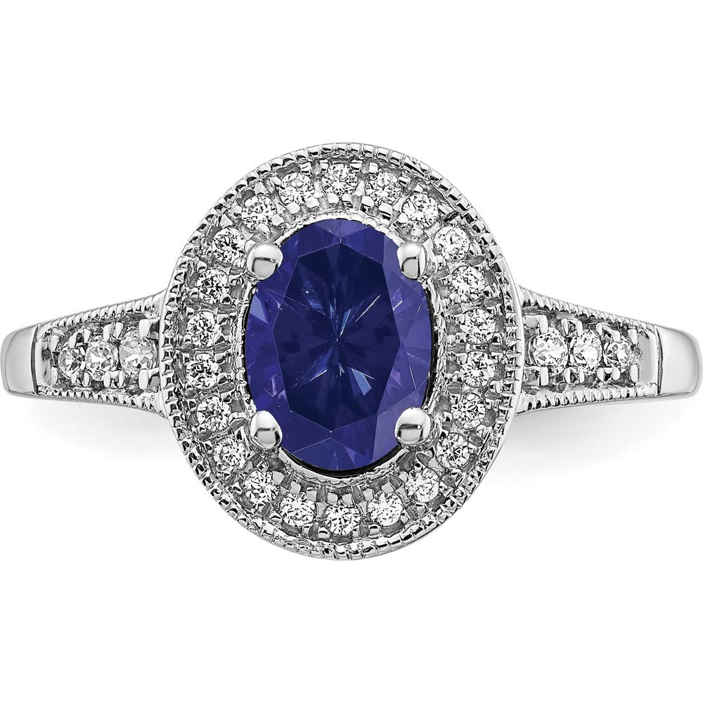 14K White Gold Oval Lab Created Sapphire and Diamond Halo Ring - 0.685 Carat Sapphire, 0.034 Carat Total Diamond Weight by 0