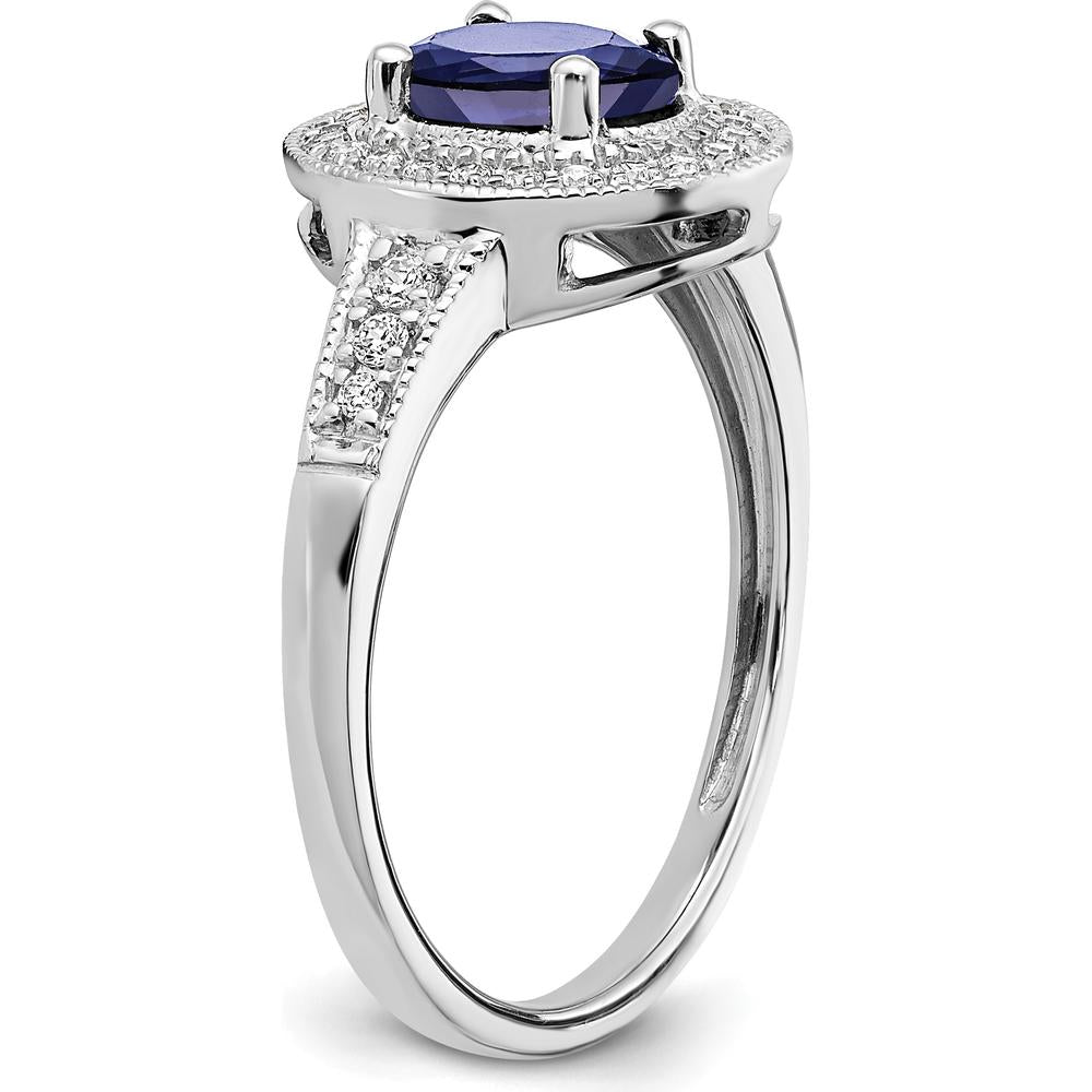 14K White Gold Oval Lab Created Sapphire and Diamond Halo Ring - 0.685 Carat Sapphire, 0.034 Carat Total Diamond Weight by 0