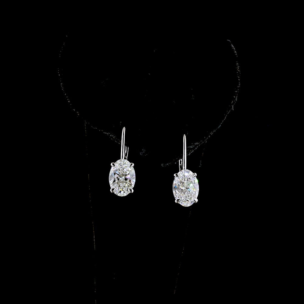 14K White Gold Oval Lab Diamond Hanging Earrings with F VS1 Clarity - 3.18 Carat Total Diamond Weight - Covaloro Fine Jewelry