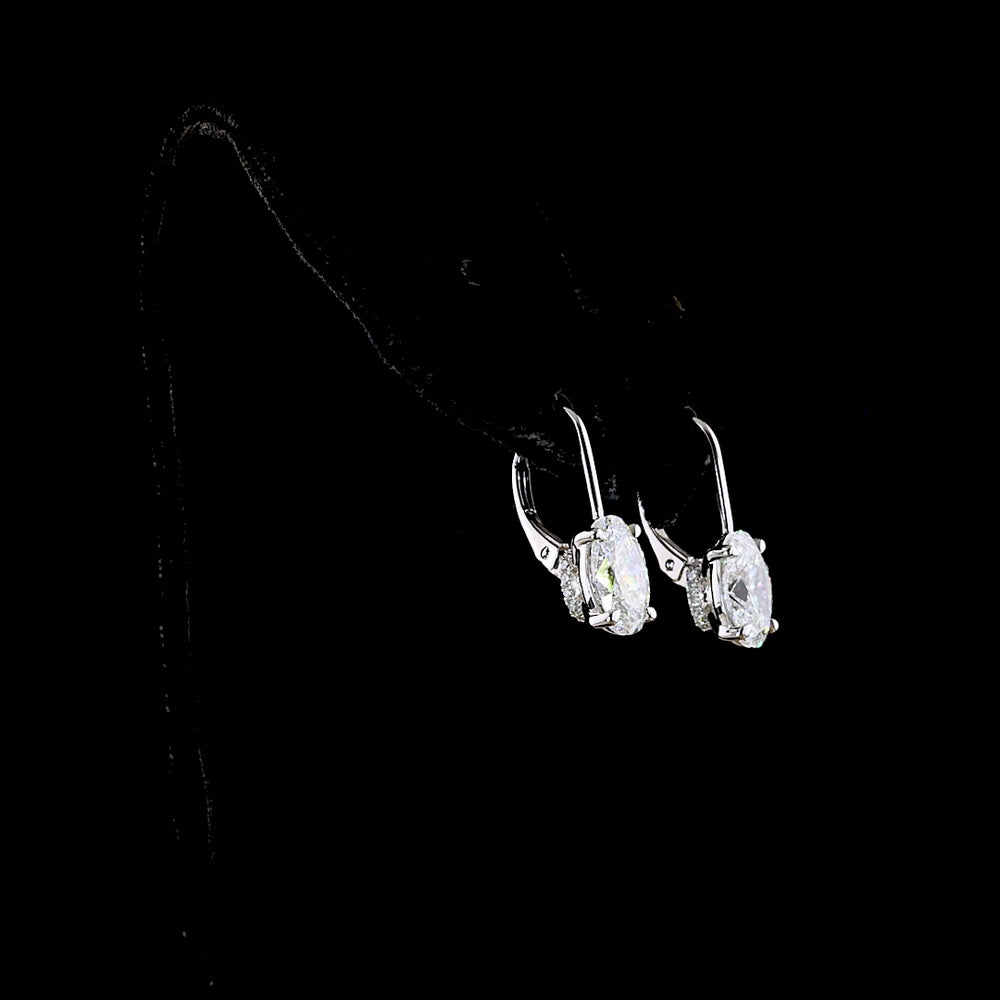 14K White Gold Oval Lab Diamond Hanging Earrings with F VS1 Clarity - 3.18 Carat Total Diamond Weight - Covaloro Fine Jewelry