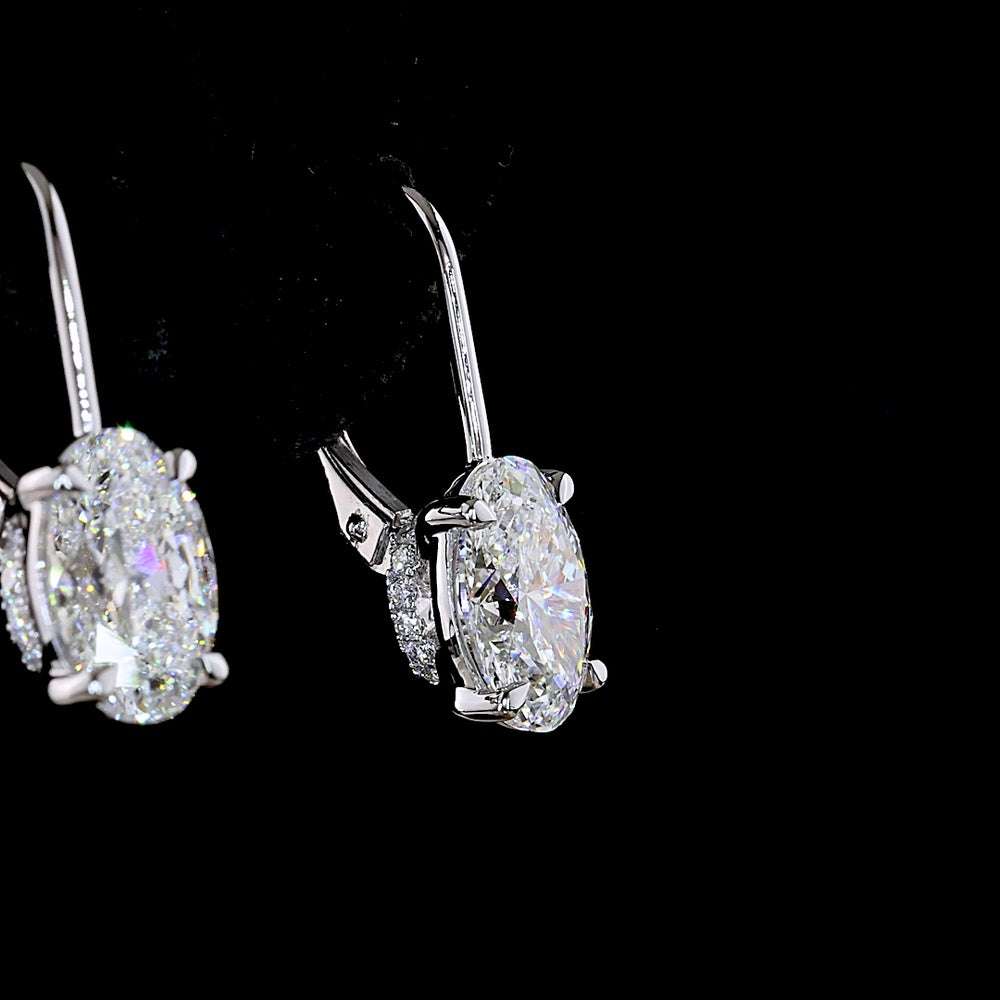 14K White Gold Oval Lab Diamond Hanging Earrings with F VS1 Clarity - 3.18 Carat Total Diamond Weight - Covaloro Fine Jewelry