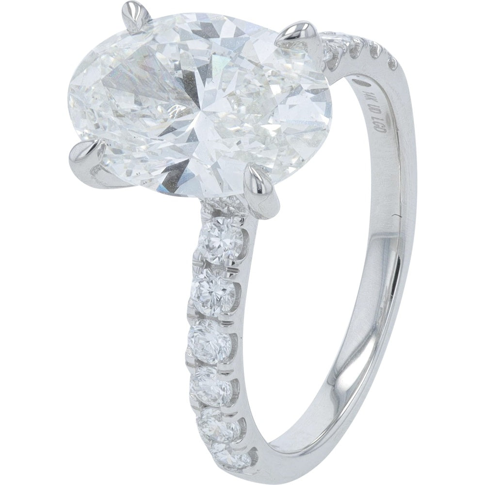 14K White Gold Oval Lab Grown Diamond Engagement Ring with Accented Band - 4.00 Carat Total Diamond Weight