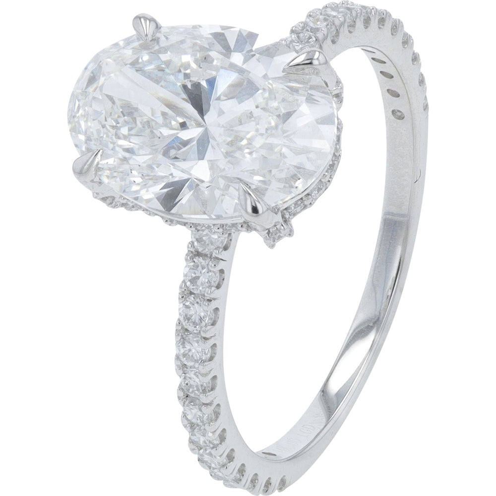 14K White Gold Oval Lab Grown Diamond Engagement Ring with Hidden Halo and Diamond Band - 3.50 Carat Total Diamond Weight