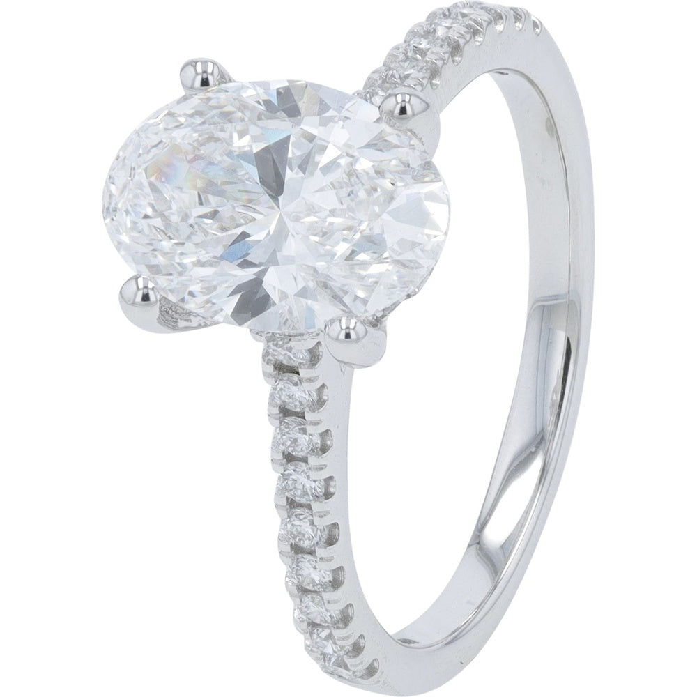 14K White Gold Oval Lab Grown Diamond Engagement Ring with Pavé Band - 2.25 Carat Total Diamond Weight IGI Certified