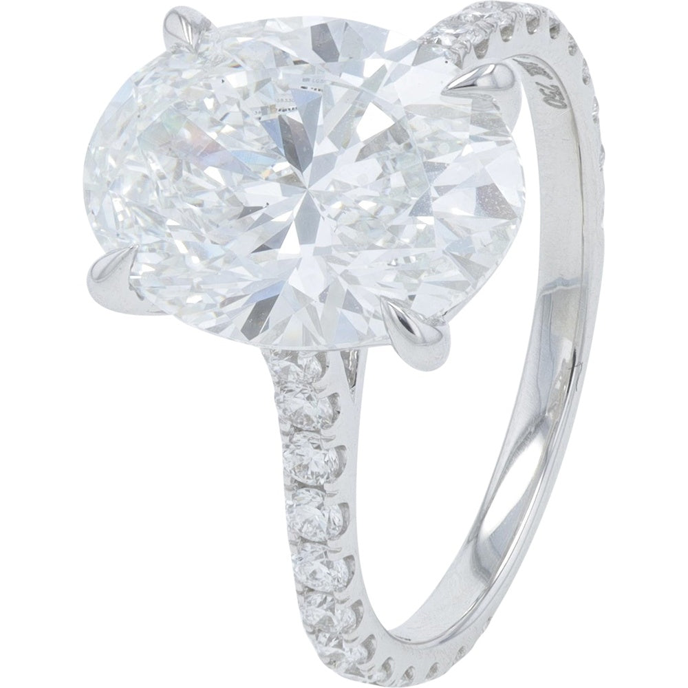 14K White Gold Oval Lab Grown Diamond Engagement Ring with Pavé Set Band - 4.50 Carat Total Diamond Weight