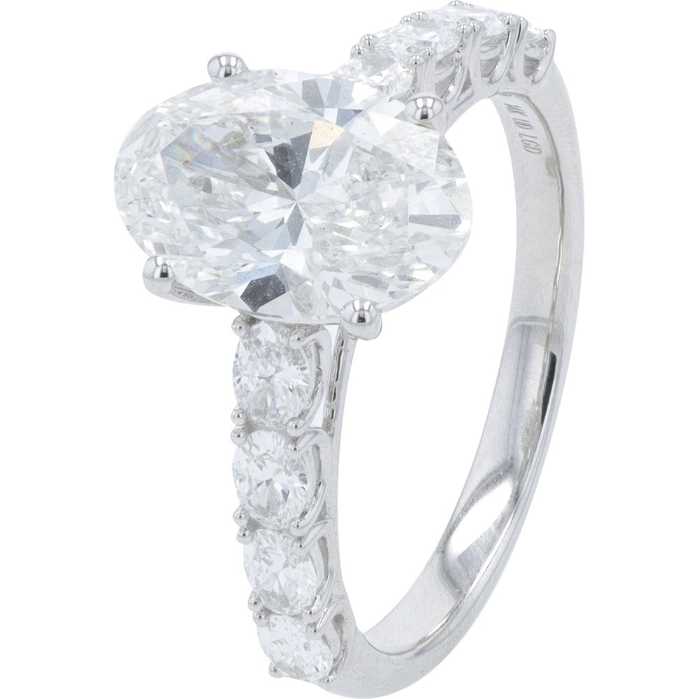 14K White Gold Oval Lab-Grown Diamond Engagement Ring with Round Diamond Shoulders - 3.00 Carat Total Diamond Weight