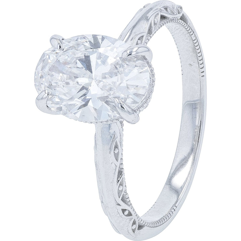 14K White Gold Oval Lab Grown Diamond Solitaire Ring with Vintage Milgrain and Filigree Band - 2.00 Carat Total Weight