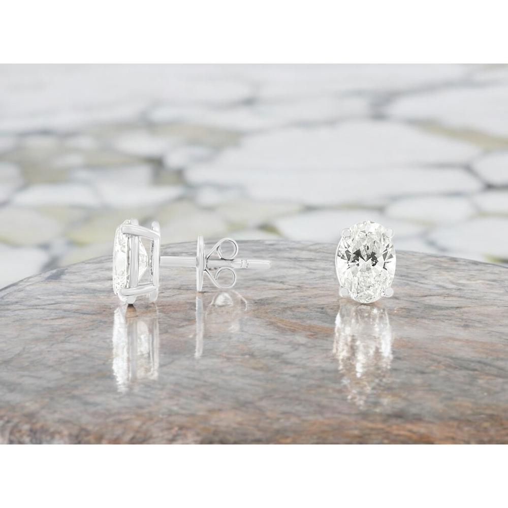 14K White Gold Oval Lab Grown Diamond Stud Earrings with Prong Set Diamonds - 2 Carat Total Diamond Weight - Royal Jewelry