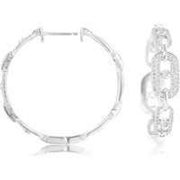 14K White Gold Oval Link Hoop Earrings with Round Diamonds - 0.50 Carat Total Diamond Weight - Royal Jewelry