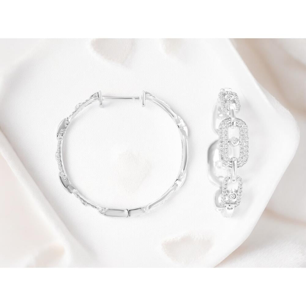 14K White Gold Oval Link Hoop Earrings with Round Diamonds - 0.50 Carat Total Diamond Weight - Royal Jewelry