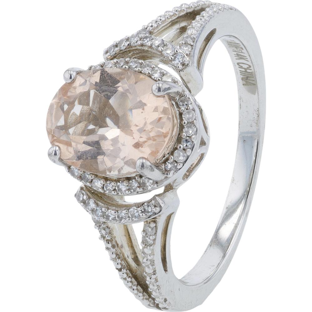 14K White Gold Oval Morganite and Diamond Halo Split Shank Ring - 0.16 Carats Total Diamond Weight
