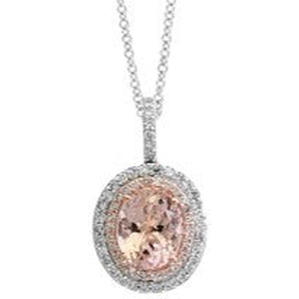 14K White Gold Oval Morganite Pendant with Diamond Halo - 1.15 Carats Morganite, 0.21 Carats Diamond Total Weight