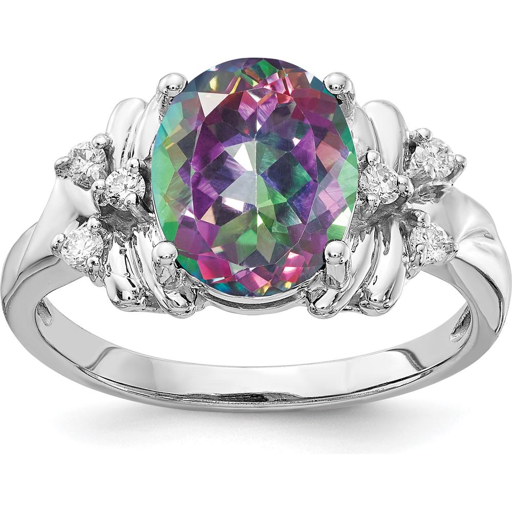 14K White Gold Oval Mystic Fire Topaz and Diamond Ring - 3.68 Carat Center Gem with 0.017 Carat Diamond Accents by Monteluci Fine Jewelry