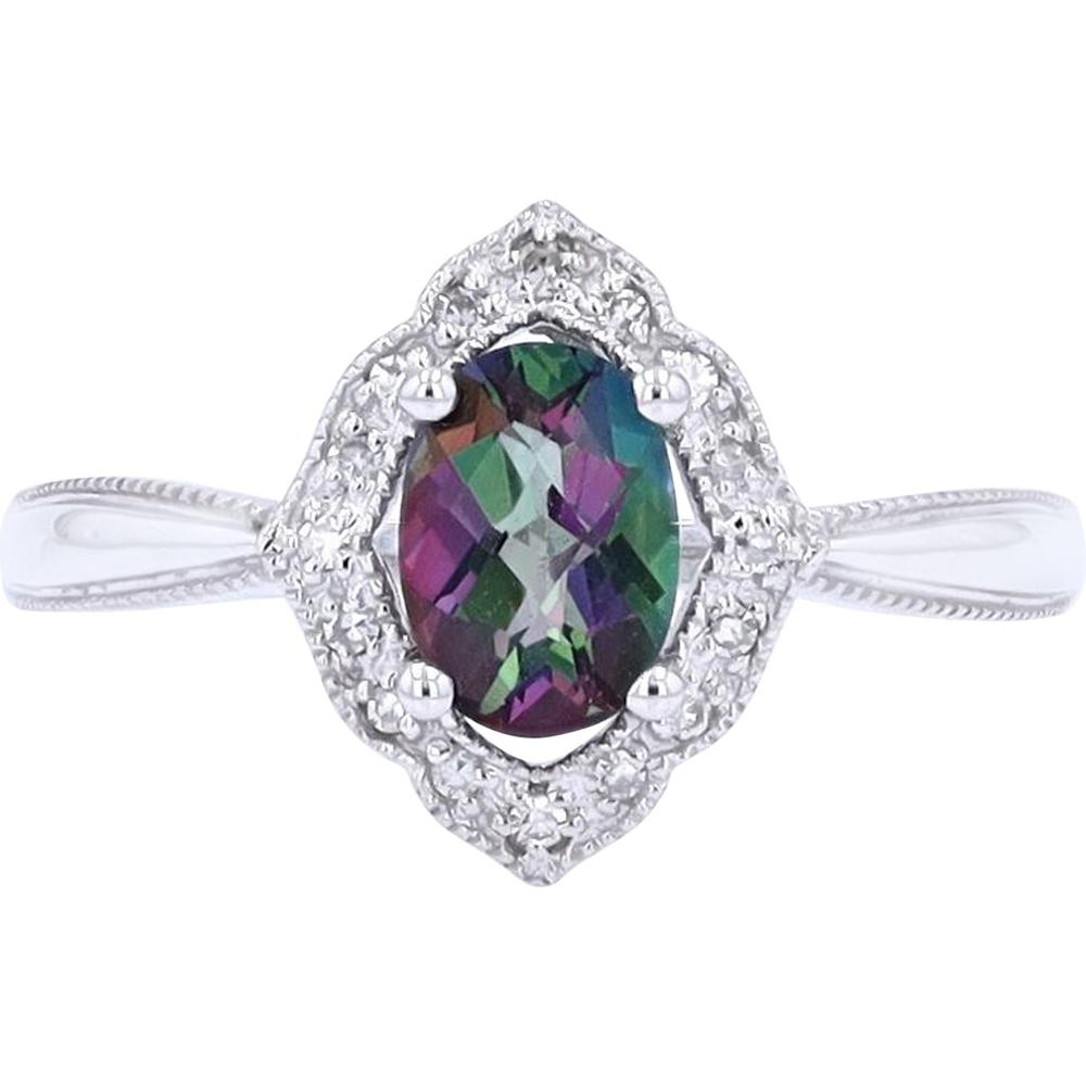 14K White Gold Oval Mystic Gemstone Ring with Diamond Halo - 0.10 Carats Total Diamond Weight