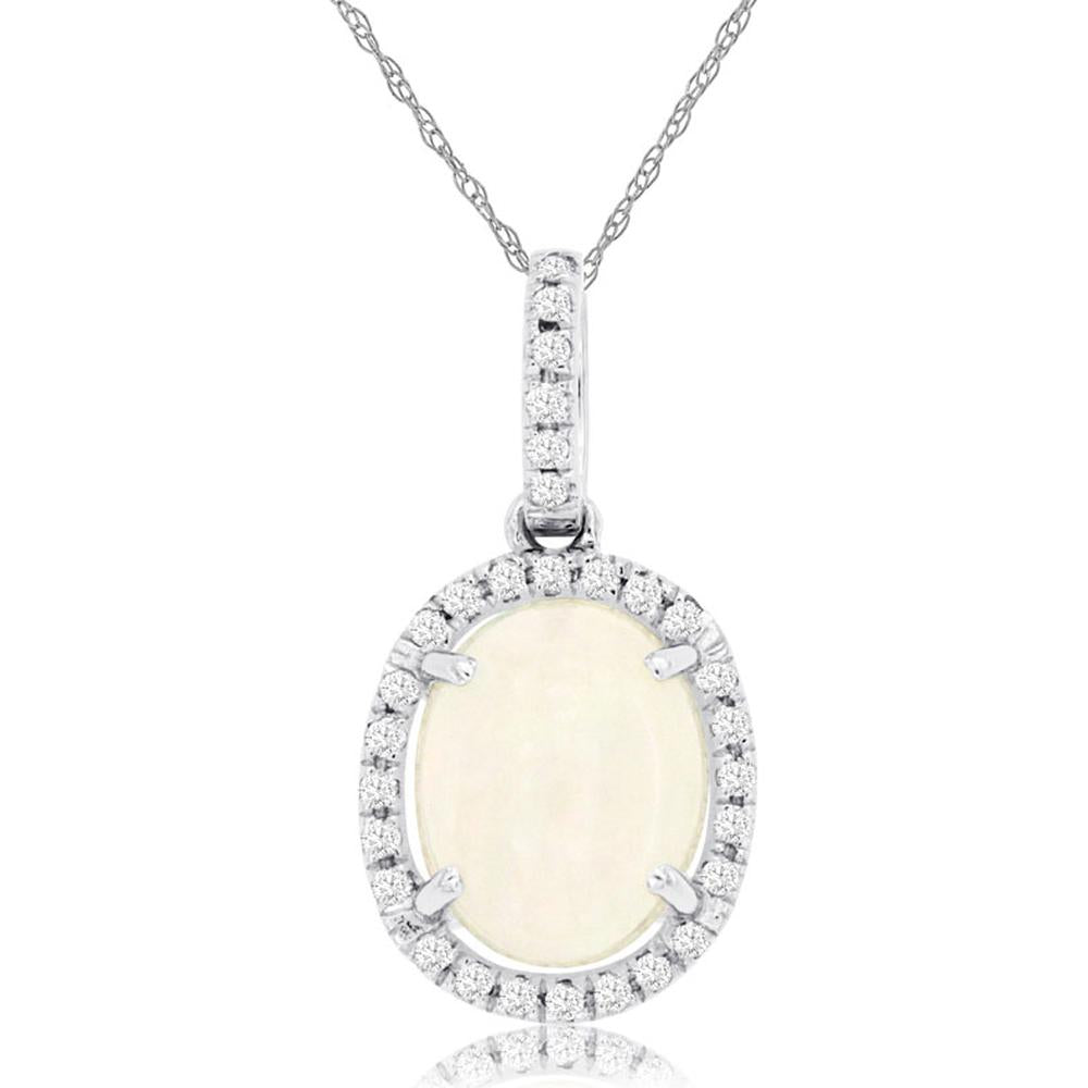 14K White Gold Oval Opal Pendant with 0.18 Carat Diamond Halo – 1.70 Carat Total Opal Weight - Royal Jewelry