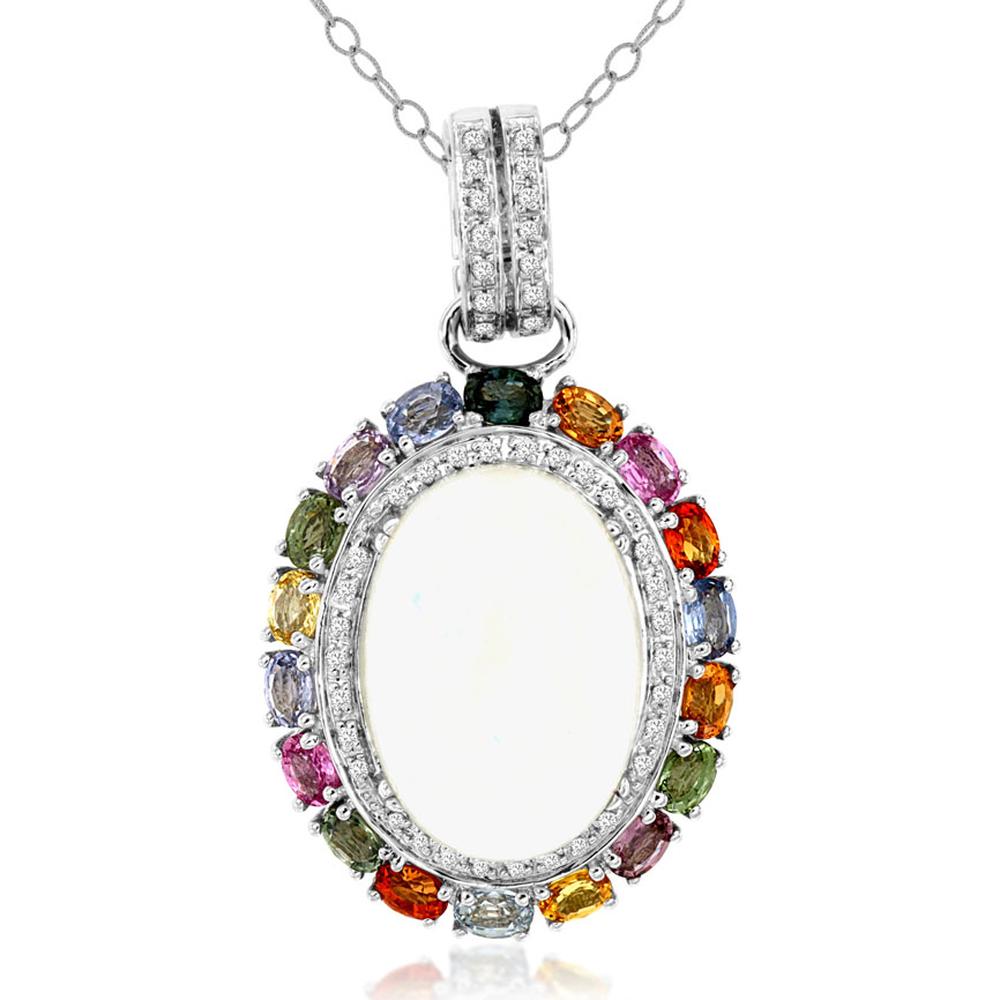 14K White Gold Oval Opal Pendant with Diamond Halo and Multi-Color Sapphire Border – 10.00 Carat Opal, 5.00 Carat Sapphire, 0.25 Carat Diamond Total Weight - Royal Jewelry