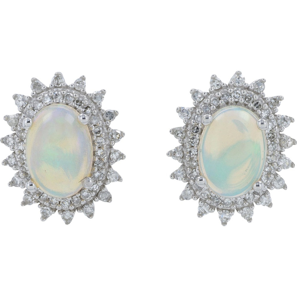 14K White Gold Oval Opal Stud Earrings with Sunburst Diamond Halo - 1.00 Carat Total Opal Weight and 0.27 Carat Total Diamond Weight