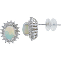 14K White Gold Oval Opal Stud Earrings with Sunburst Diamond Halo - 1.00 Carat Total Opal Weight and 0.27 Carat Total Diamond Weight