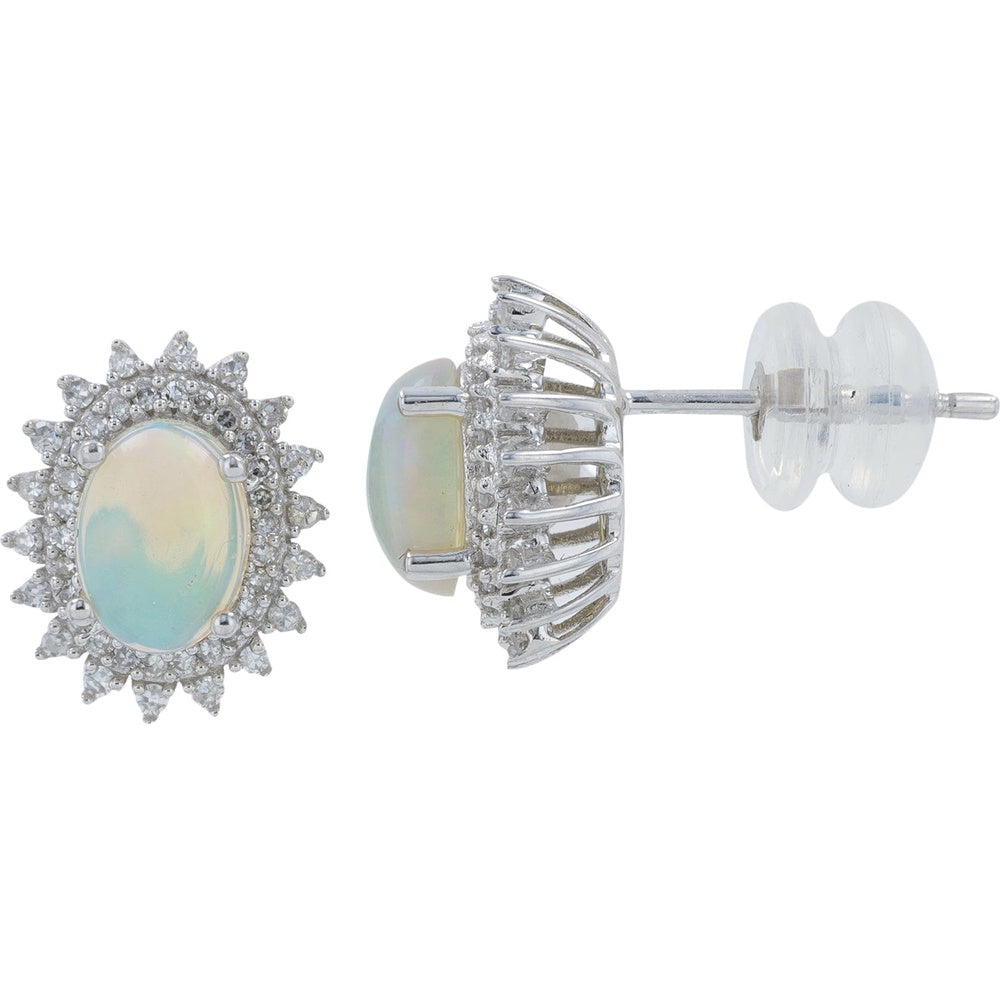 14K White Gold Oval Opal Stud Earrings with Sunburst Diamond Halo - 1.00 Carat Total Opal Weight and 0.27 Carat Total Diamond Weight